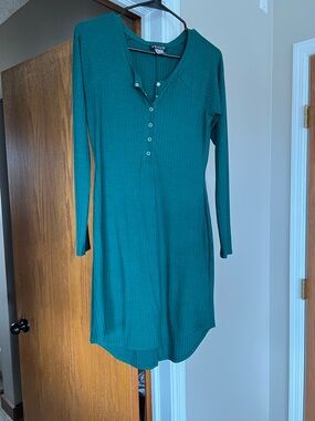 VENUS Teal Ribbed Long-Sleeve Henley Dress